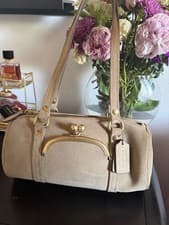 Coach Beige Barrel Cylinder Shoulder Bag Zip Kiss Lock Gold Hardware Hangtag