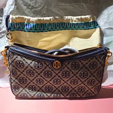 Tory Burch Blue Beige Small Shoulder Bag, Logo, Zip Top, Gold Hardware, Dust Bag